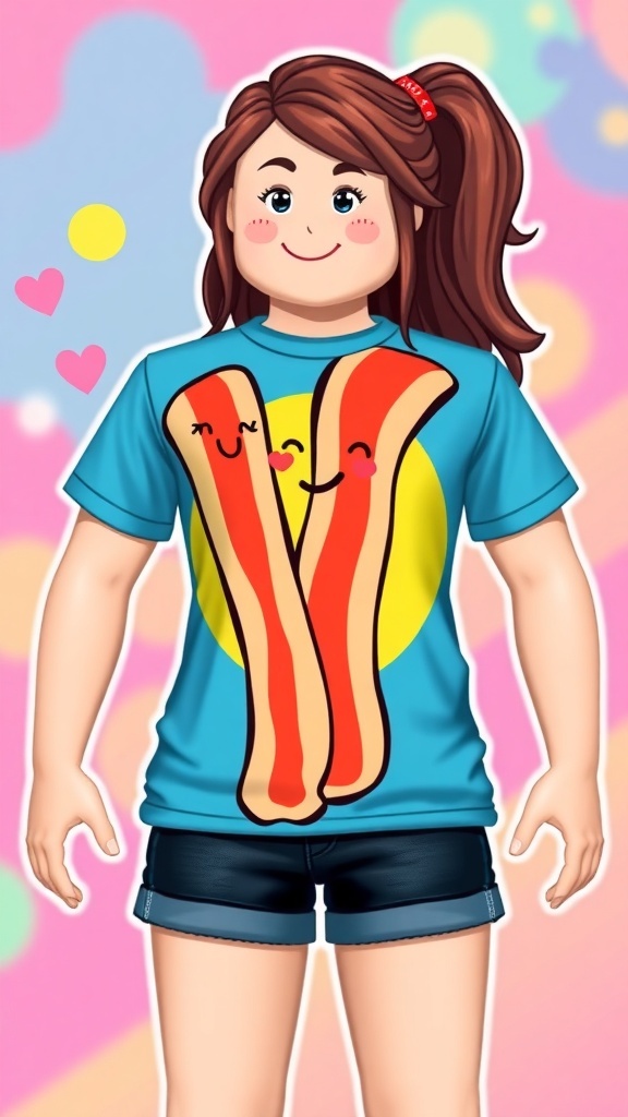 Bacon-Themed T-Shirt Design for Roblox Girls Bacon-themed t-shirt design on a Roblox avatar, featuring cartoon bacon strips.